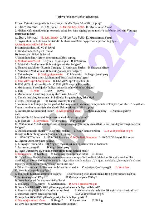 Tarbiya fani 9-sinflar uchun test savollari