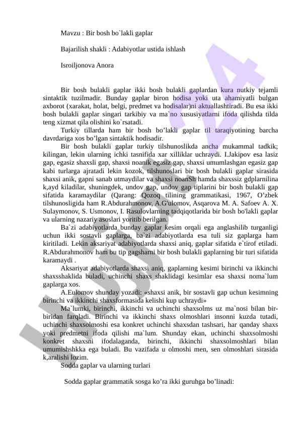 Bir bosh bo`lakli gaplar tahlili
