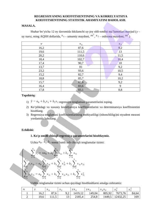 Statistik ahamiya va regression koefitsienti baholash