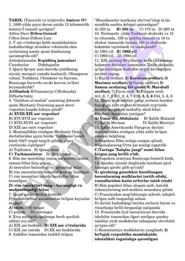 Tarix bo‘yicha savollar va javoblar