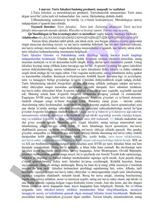 Tarix falsafasi fanining asosiy tushunchalari