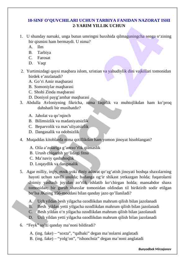 10-sinf o‘quvchilari uchun tarbiya fanidan nazorat ishlari