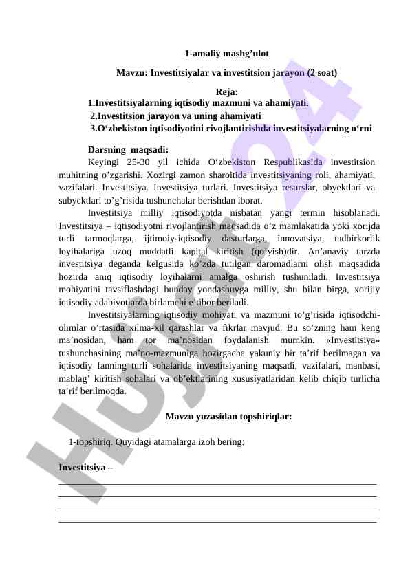 Investitsiyalar va investitsion jarayon mavzusi