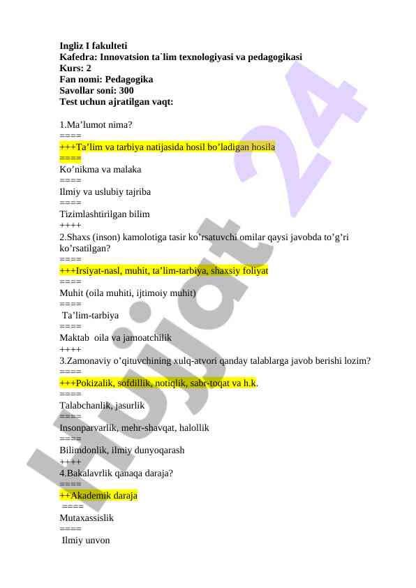Pedagogika bo'yicha test savollari