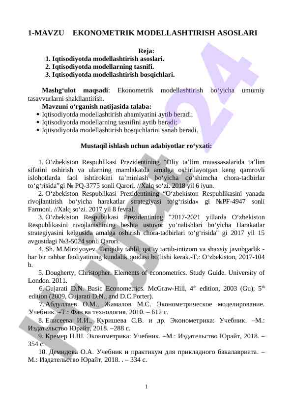 Ekonometrik modellashtirish asoslari