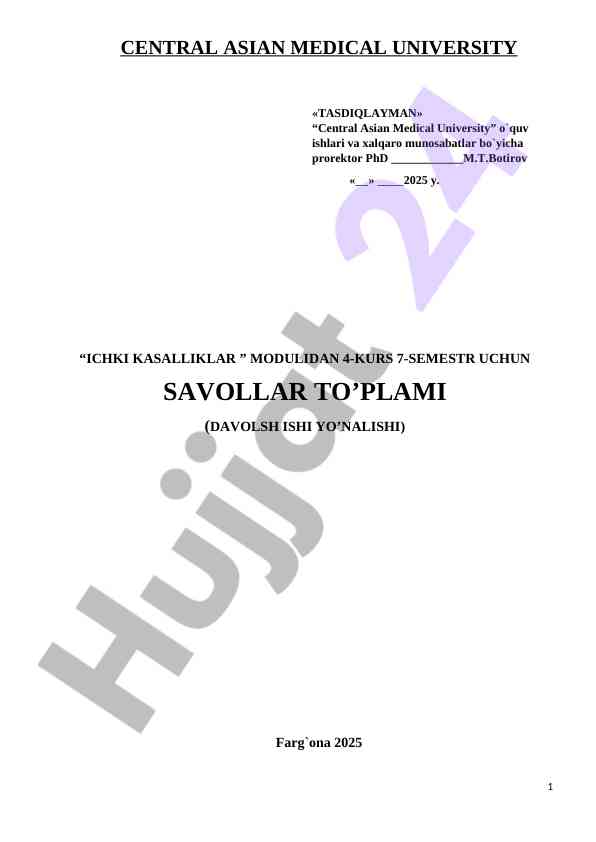 Ichki kasalliklar modulidan savollar to'plami