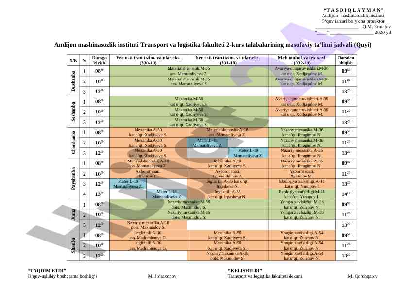 Masofaviy ta’lim jadvali 2-kurs talabalariga