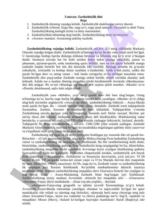 Zardushtiylik dini tarihi va ta'limoti