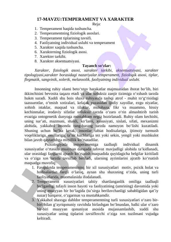 Temperament va xarakterning fiziologik asoslari