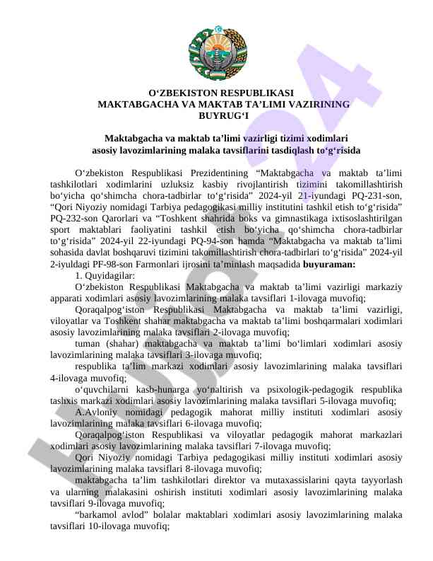 Maktabgacha va maktab ta’limi vazirligi lavozimlar