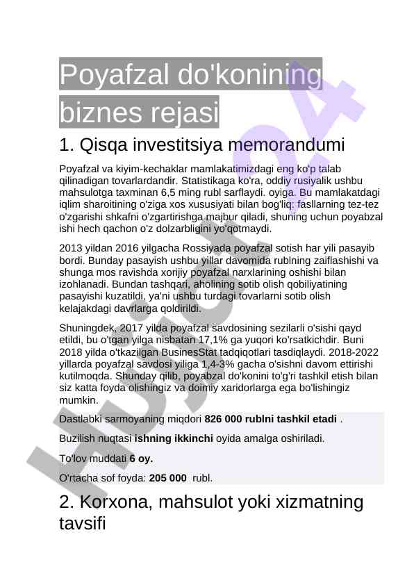 Poyafzal do'konining biznes rejasi tahlili