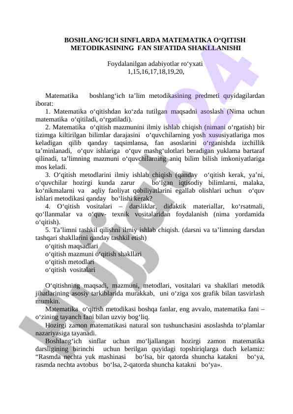 Boshlang‘ich sinflarda matematika o‘qitish metodikasi