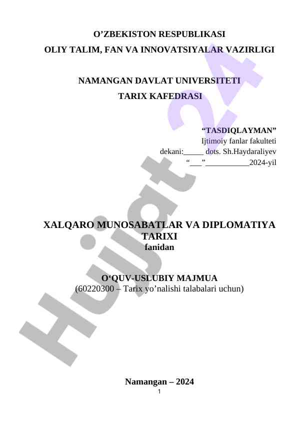 O‘quv-uslubiy majmua xalqaro munosabatlar tarixi