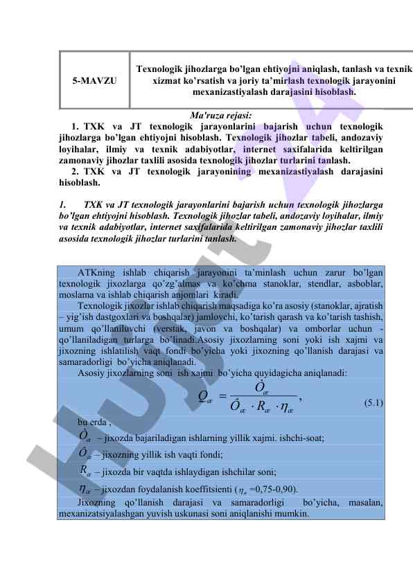 Texnologik jihozlarga ehtiyojni aniqlash va tanlash
