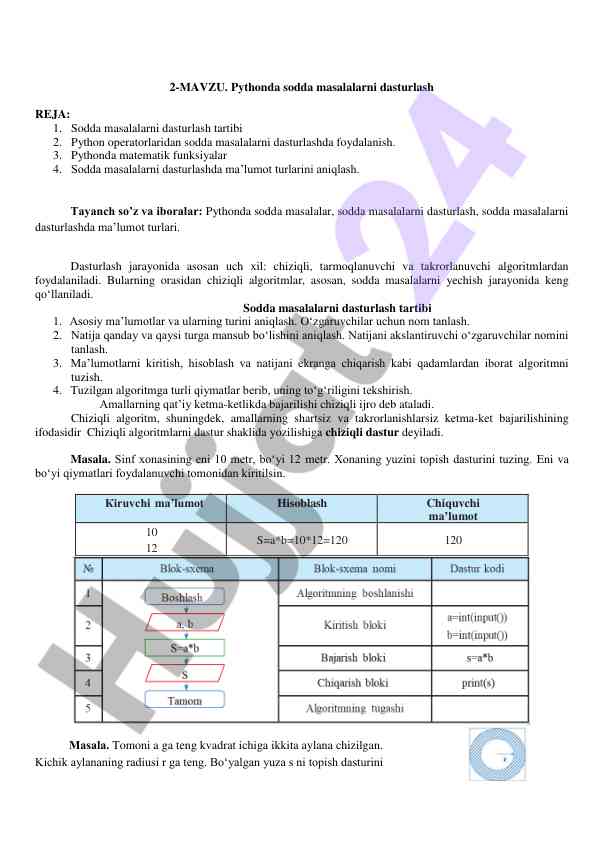 Pythonda sodda masalalarni dasturlash rejasi