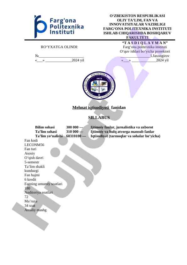 Mehnat iqtisodiyoti fanidan sillabus 2024 yil