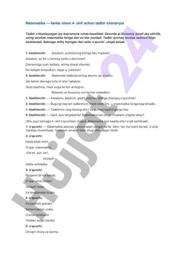 Matematika tadbir ssenariysi 4-sinf uchun