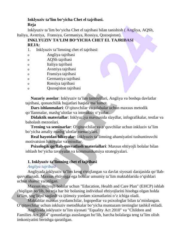 Inklyuziv ta’lim bo‘yicha chet el tajribasi