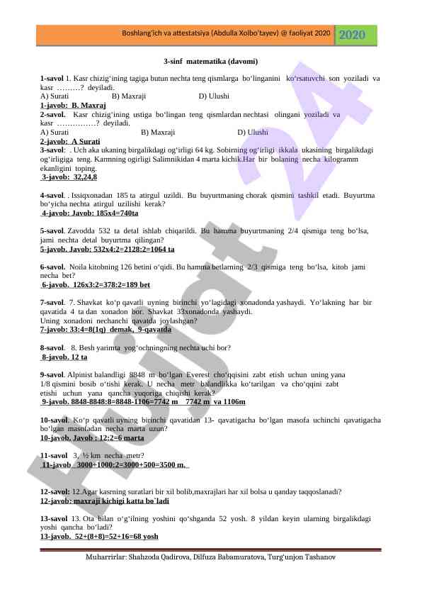 Matematika 3-sinf savollari va javoblari