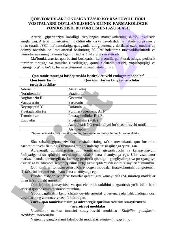 Qon-tomirlar tonusiga ta’sir etuvchi dori vositalari
