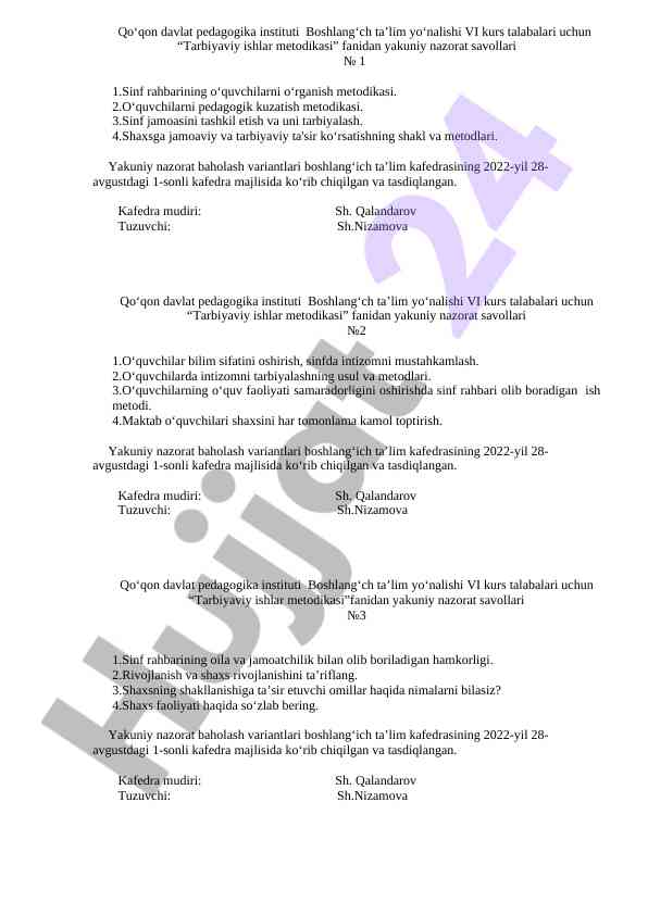 Tarbiyaviy ishlar metodikasi fanidan nazorat savollari