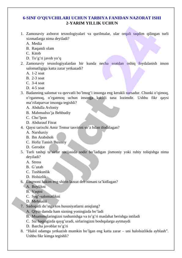 6-sinf tarbiya fanidan nazorat ishi testlari