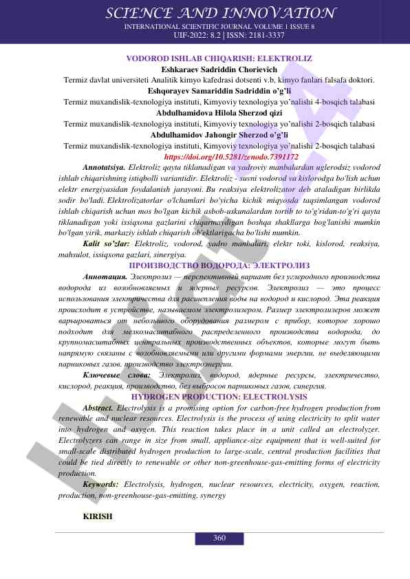 Vodород ishlab chiqarish: elektroliz texnologiyasi