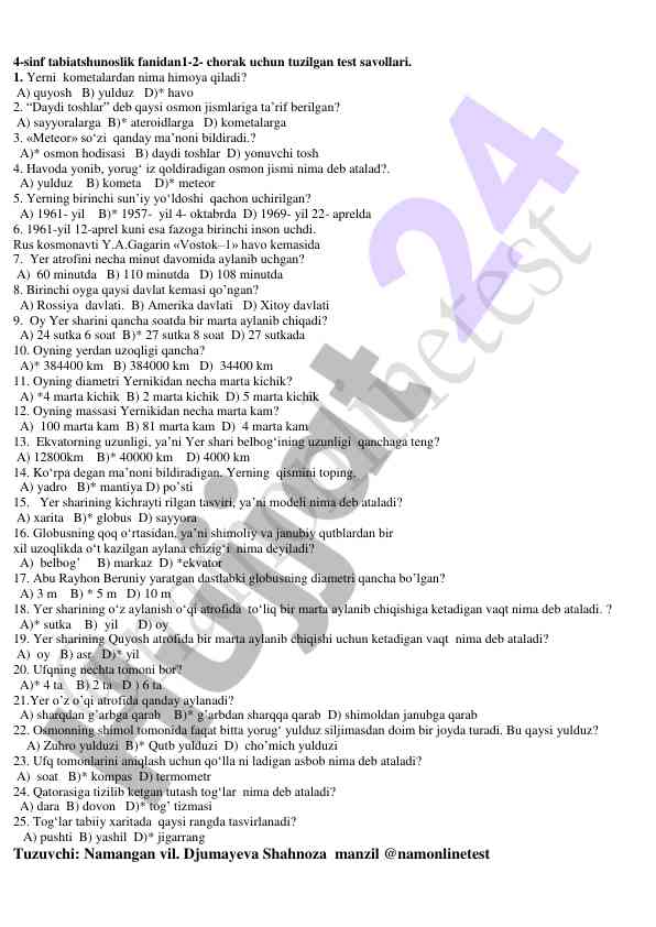 4-sinf tabiatshunoslik fanidan test savollari