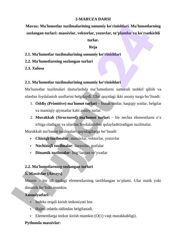 Ma'lumotlar tuzilmalarining umumiy ko'rinishlari