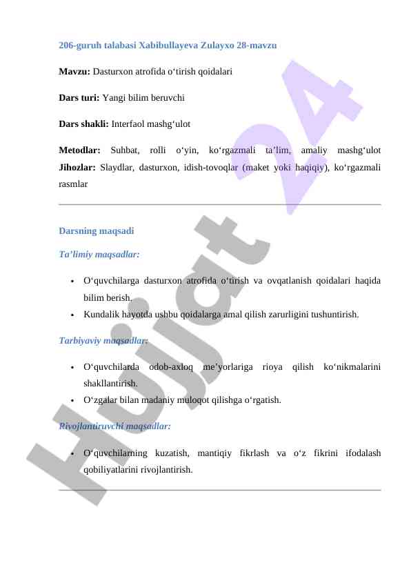 Dasturxon atrofida o‘tirish qoidalari ta’limi