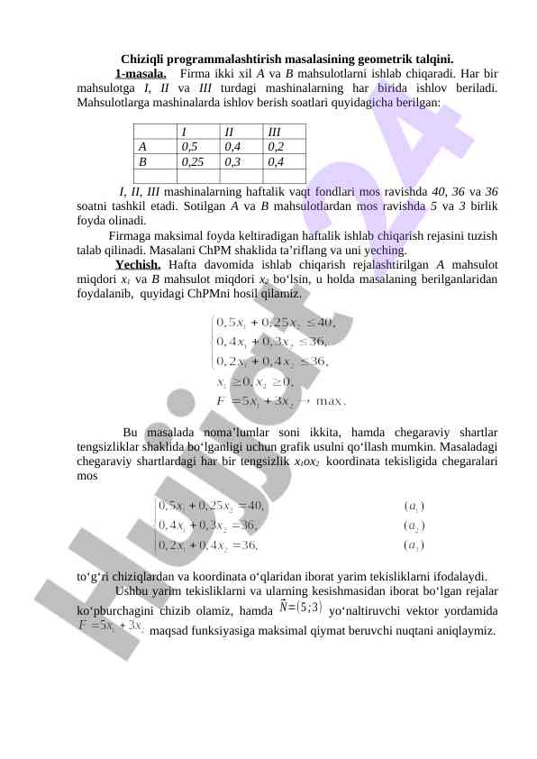 Chiziqli programmalashtirish masalasining talqini