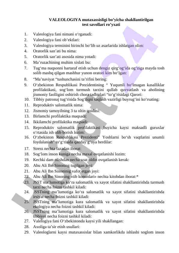 Valeologiya mutaxassisligi uchun test savollari