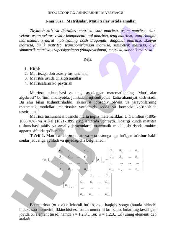 Matritsalar Va Ustida Amallar