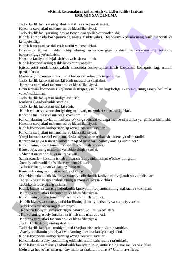 Kichik korxonalarni tashkil etish va tadbirkorlik