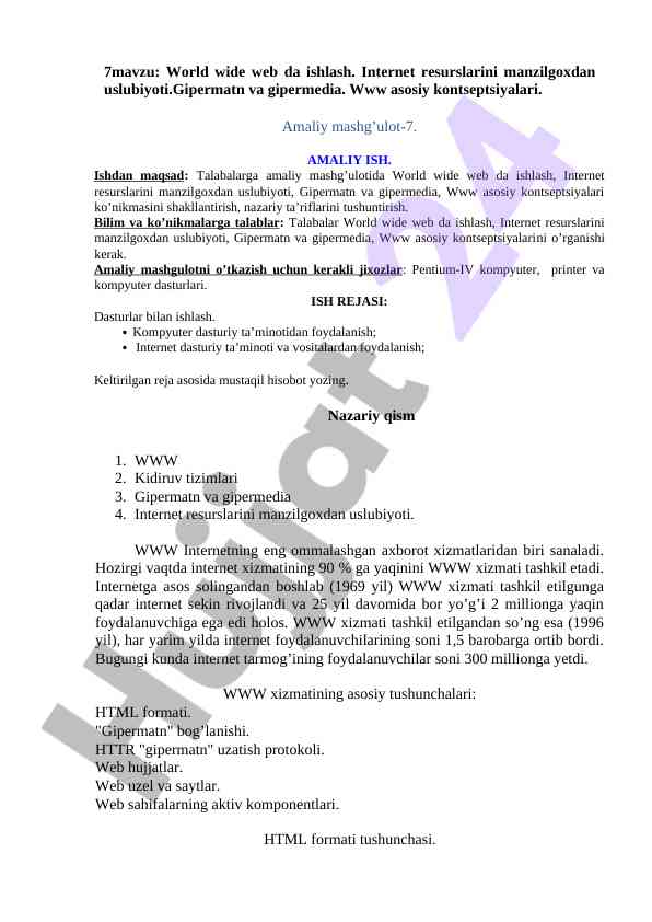 World wide web da ishlash va gipermatn konseptsiyalari