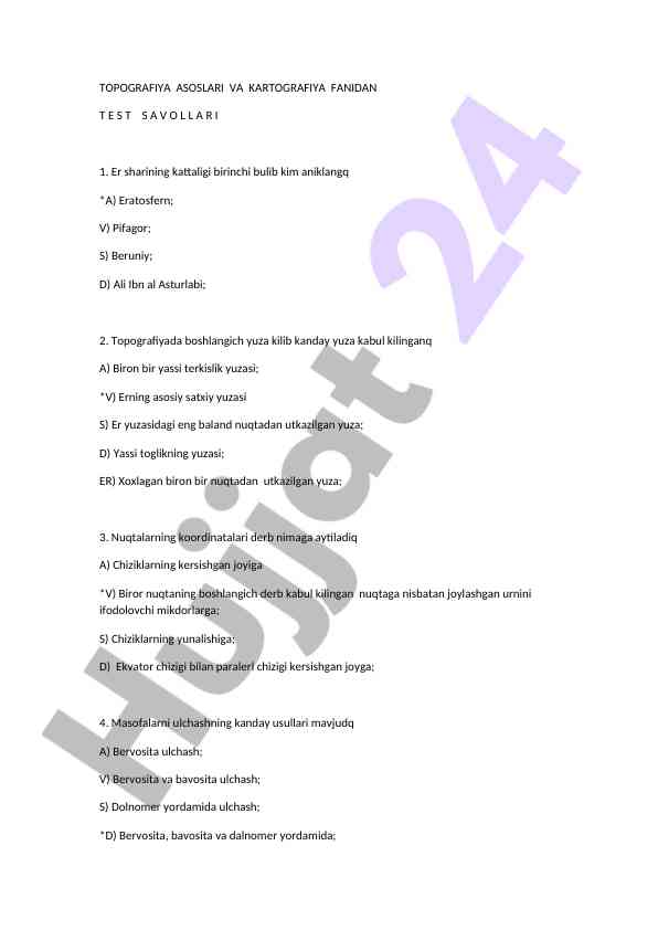 Topografiya asoslari va kartografiya fanidan test savollari