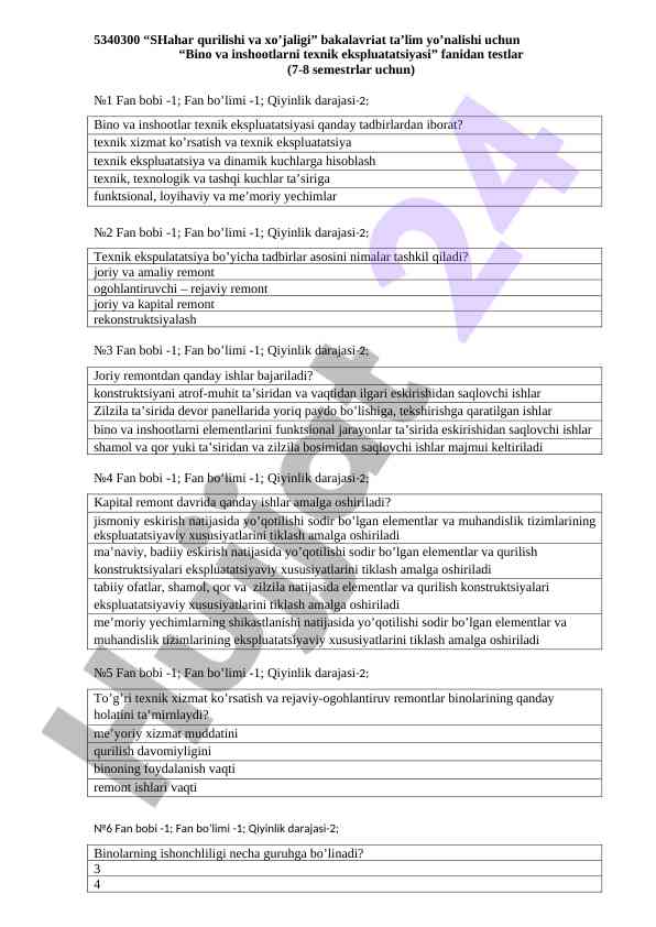 Bino va inshootlarni texnik ekspluatatsiyasi testlar