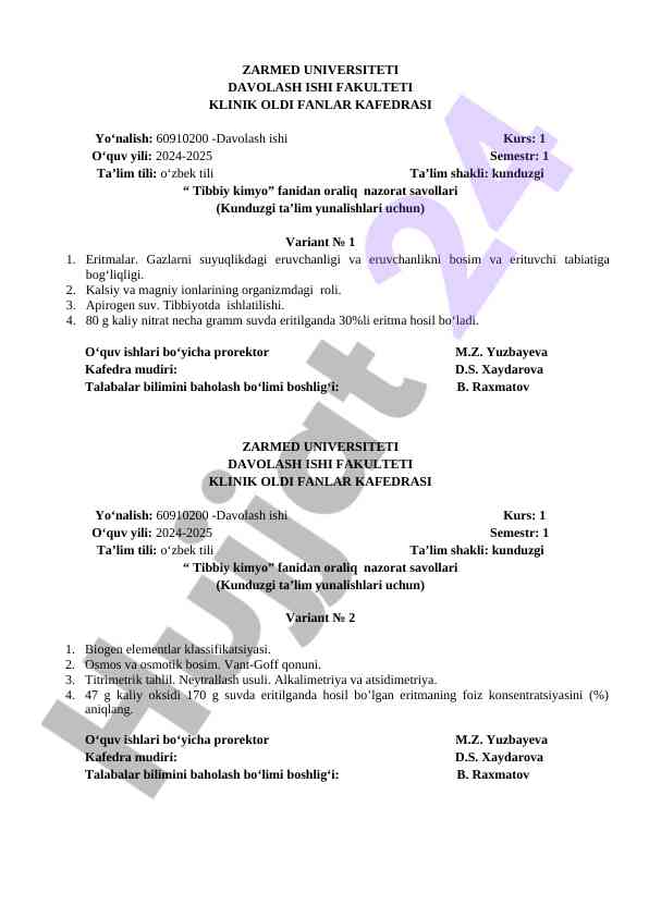 Tibbiy kimyo fani bo‘yicha oraliq nazorat savollari