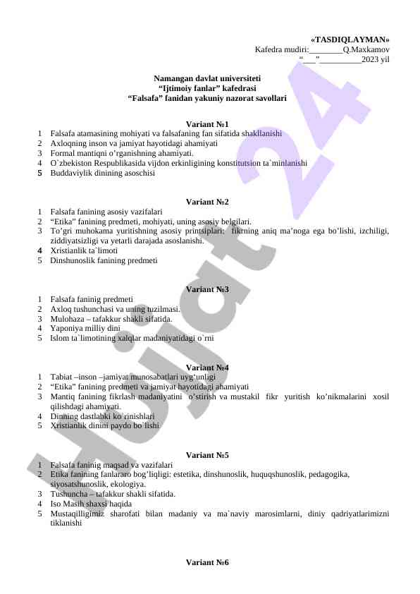 Falsafa fanidan yakuniy nazorat savollari