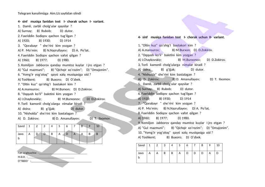 4-sinf maktab musiqa fanidan test i-chorak