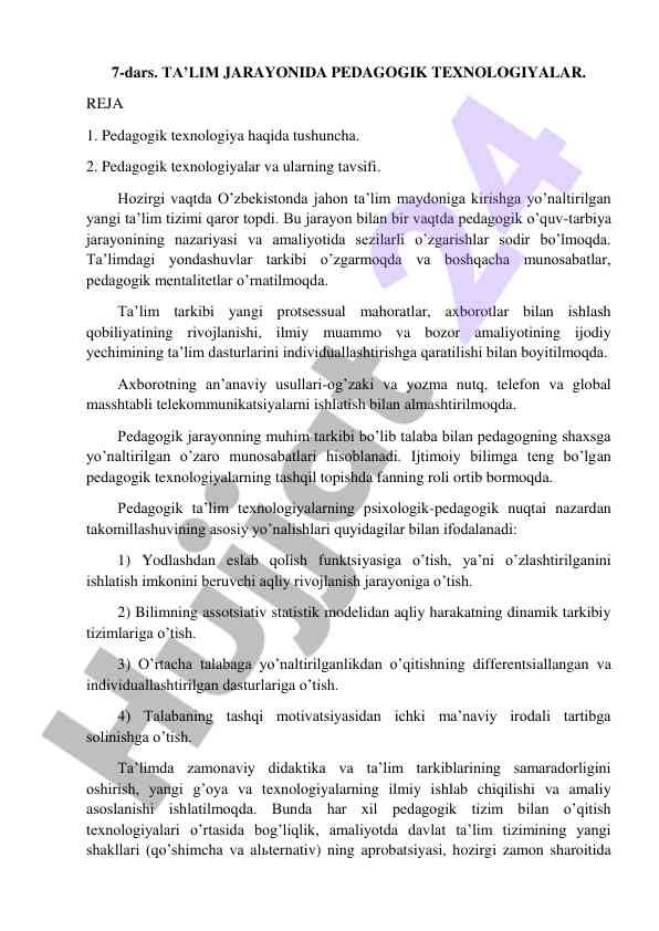 Ta'lim jarayonida pedagogik texnologiyalar