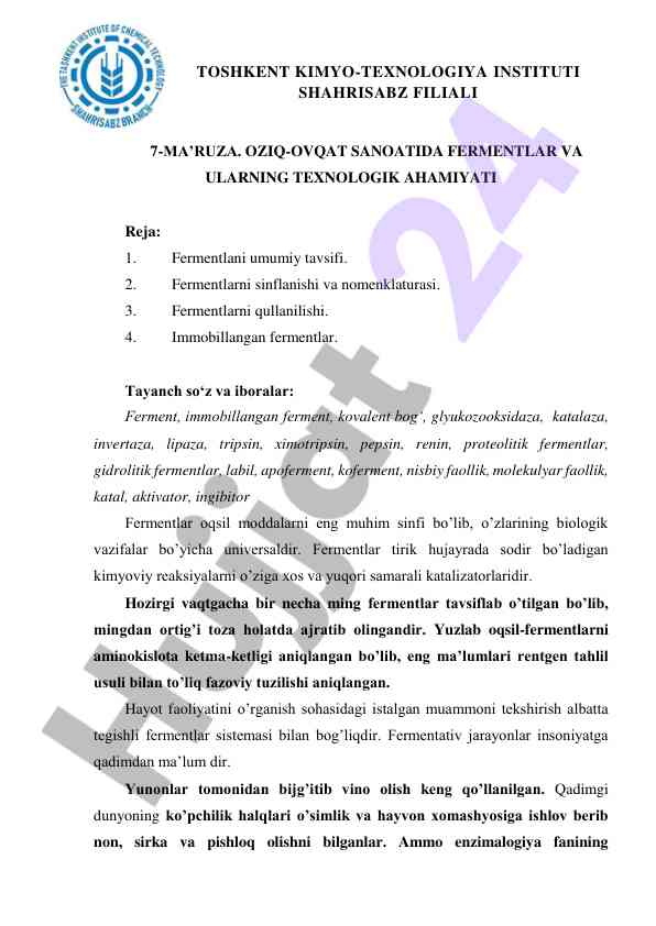 Oziq-ovqat sanoatida fermentlar va ularning ahamiyati
