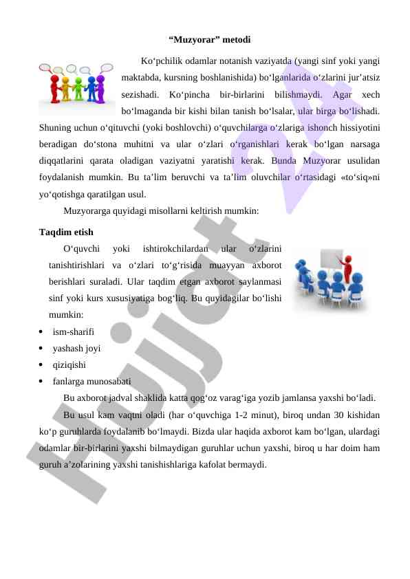 Muzyorar metodi bilan tanishtirish usullari