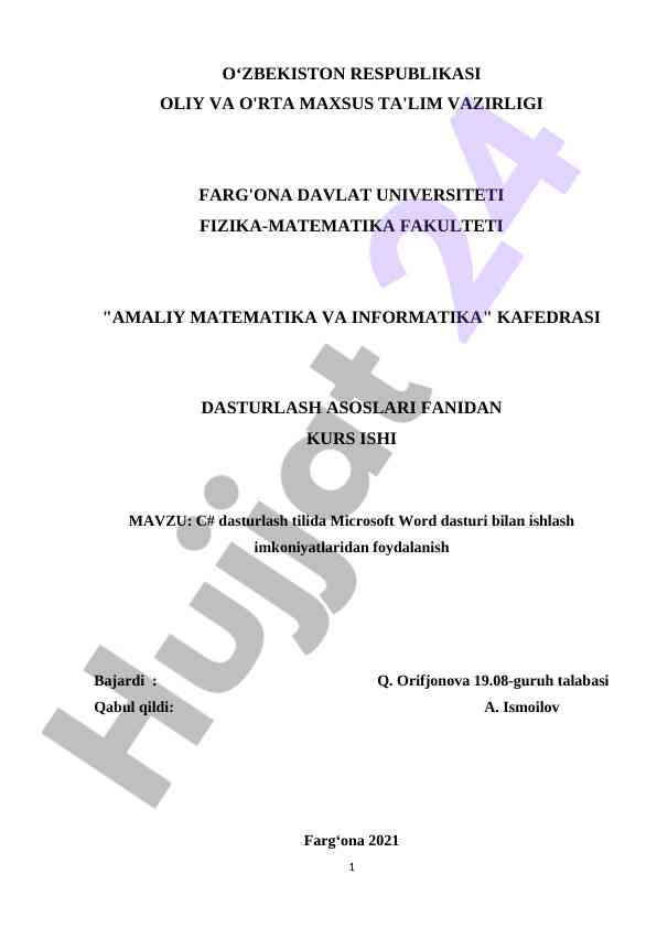 C# dasturlash tilida microsoft word dasturi bilan ishlash