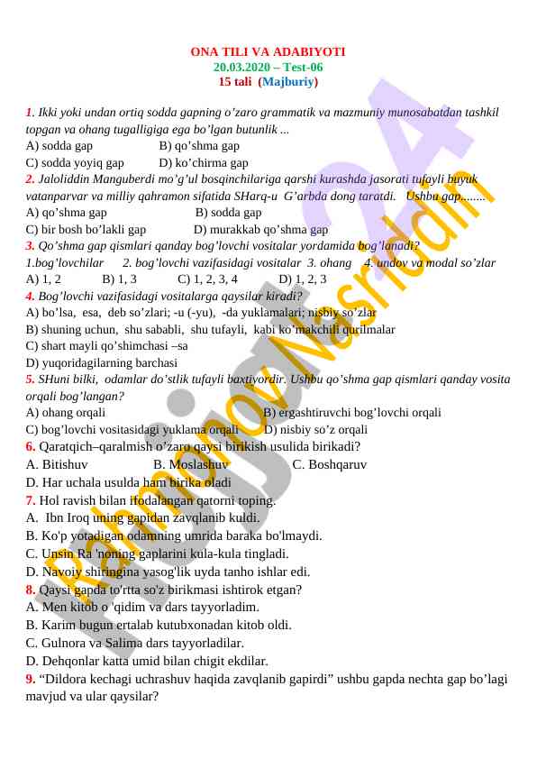 Ona tili va adabiyoti test-06
