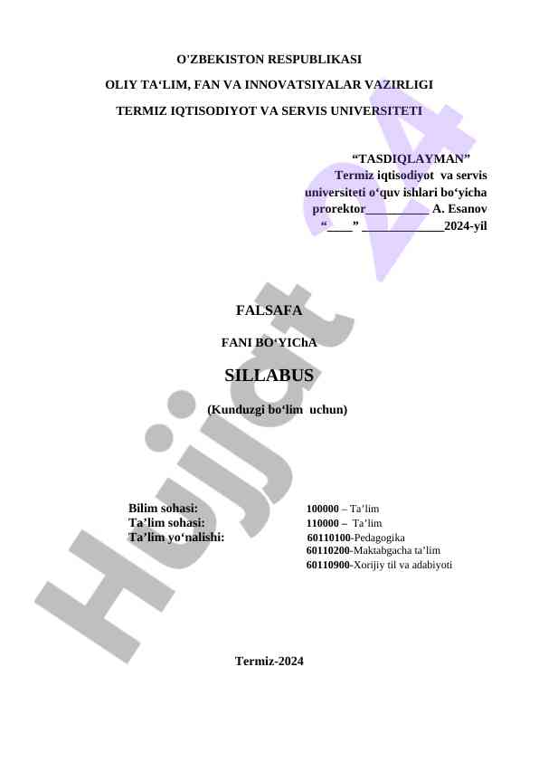 Falsafa fani bo‘yicha sillabus 2024