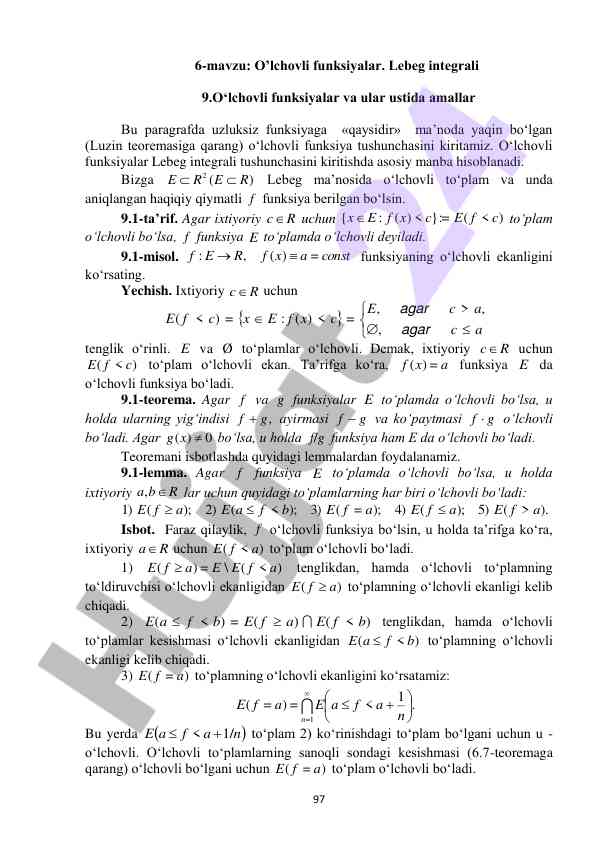 O‘lchovli funksiyalar va lebeg integrali