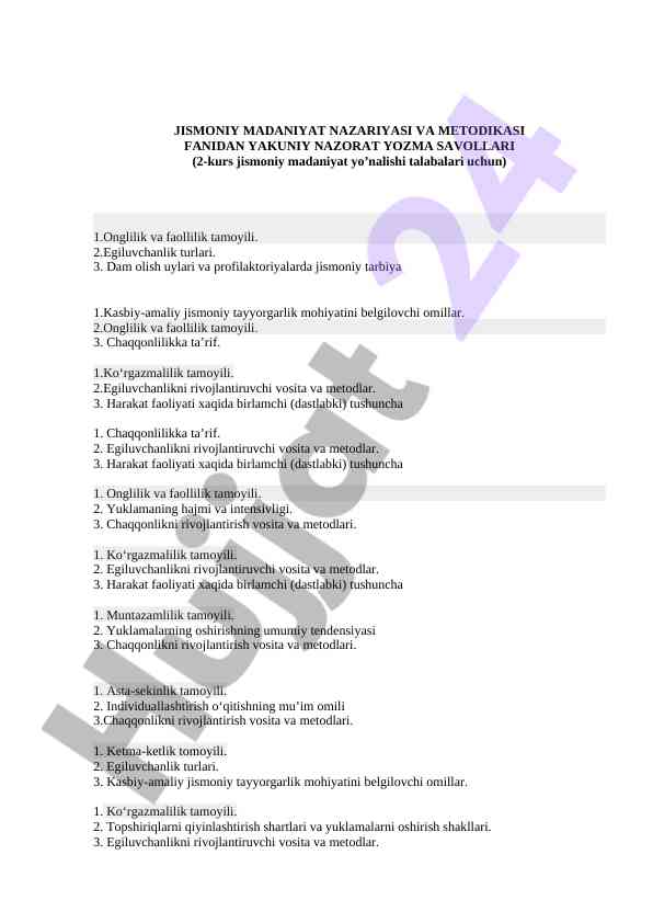 Jismoniy madaniyat nazariyasi va metodikasi savollari
