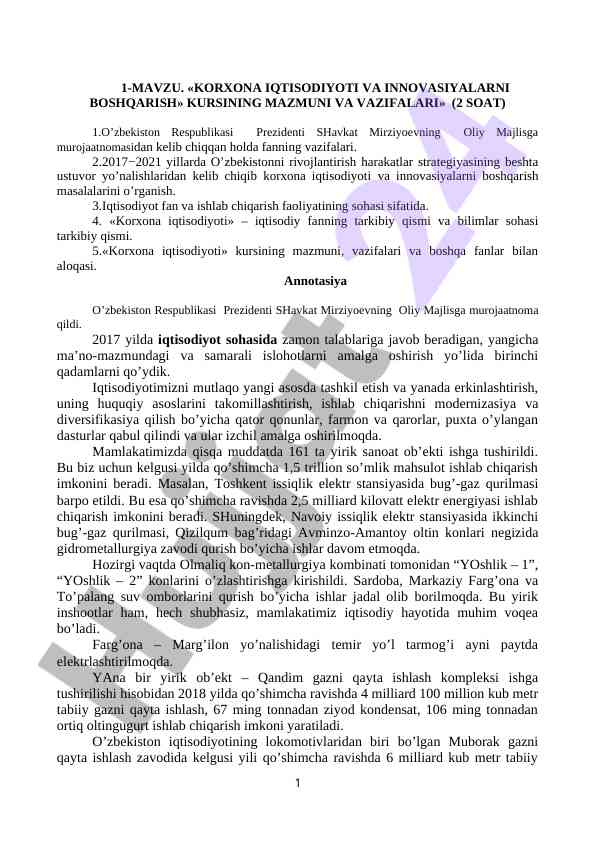 Korxona iqtisodiyoti va innovasiyalarni boshqarish