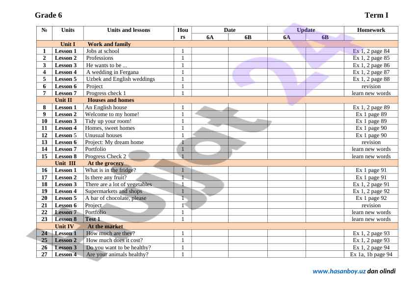 Grade 6 english lessons and homework overview